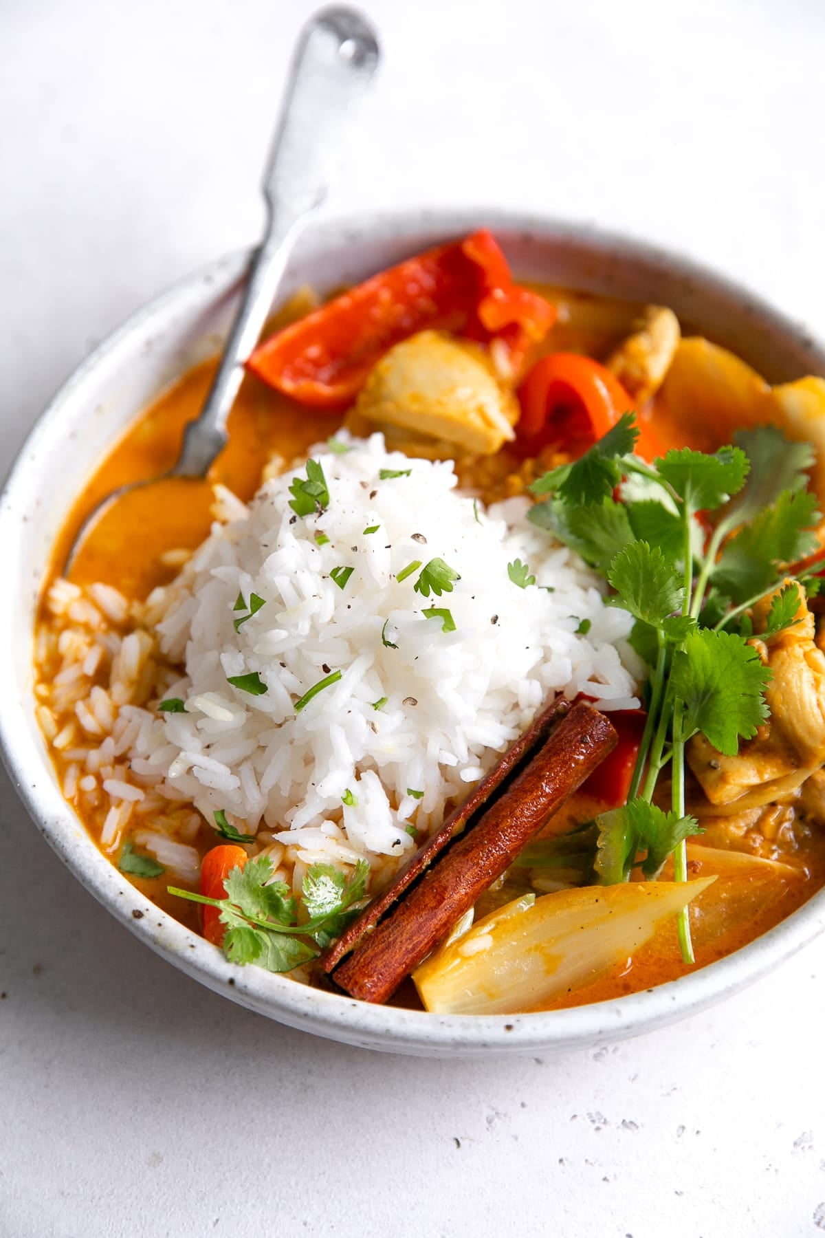 Colorful chicken curry in a large bowl and topped with white rice and fresh cilantro.