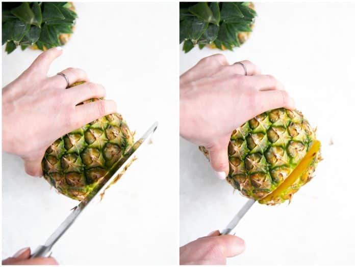 Cutting off the end of a pineapple