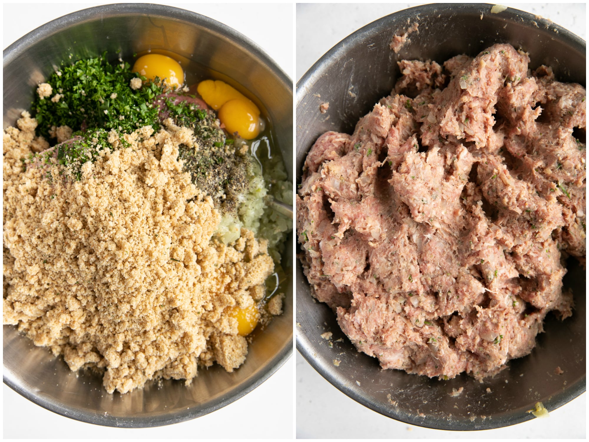Collaged image: meatball ingredients in a large mixing bowl on the left and mixed together ingredients on the right.