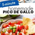 Collage showing a bowl of chopped pico de gallo ingredients and a finished bowl served with tortilla chips and lime.