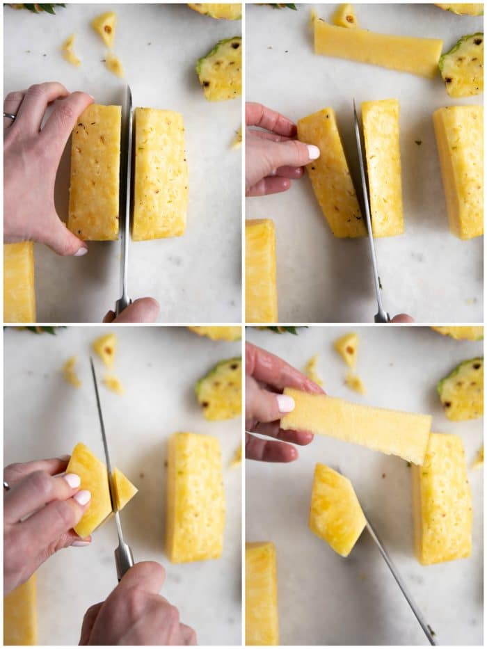 Showing how to cut a pineapple.