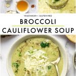 Vertical Pinterest pin collage featuring three photos and bold text overlays. Top left shows an overhead ingredient setup on a white marble surface with bowls of broccoli florets, cauliflower florets, diced potatoes, shredded cheddar, minced garlic, black pepper, salt, cayenne, and a white pitcher of broth. Top right shows a close-up ladle lifting thick, creamy pale green soup with a few tiny broccoli bits. Bottom shows a beige bowl filled with creamy broccoli cauliflower soup, topped with shredded cheddar and cracked black pepper, with a gold-handled spoon resting in the bowl; toasted bread is visible near the top right. Center text overlay reads โVEGETARIAN + GLUTEN-FREEโ above large black text โBROCCOLIโ and โCAULIFLOWER SOUPโ separated by a thin light green line. Bottom includes small text โtheforkedspoon.comโ.
