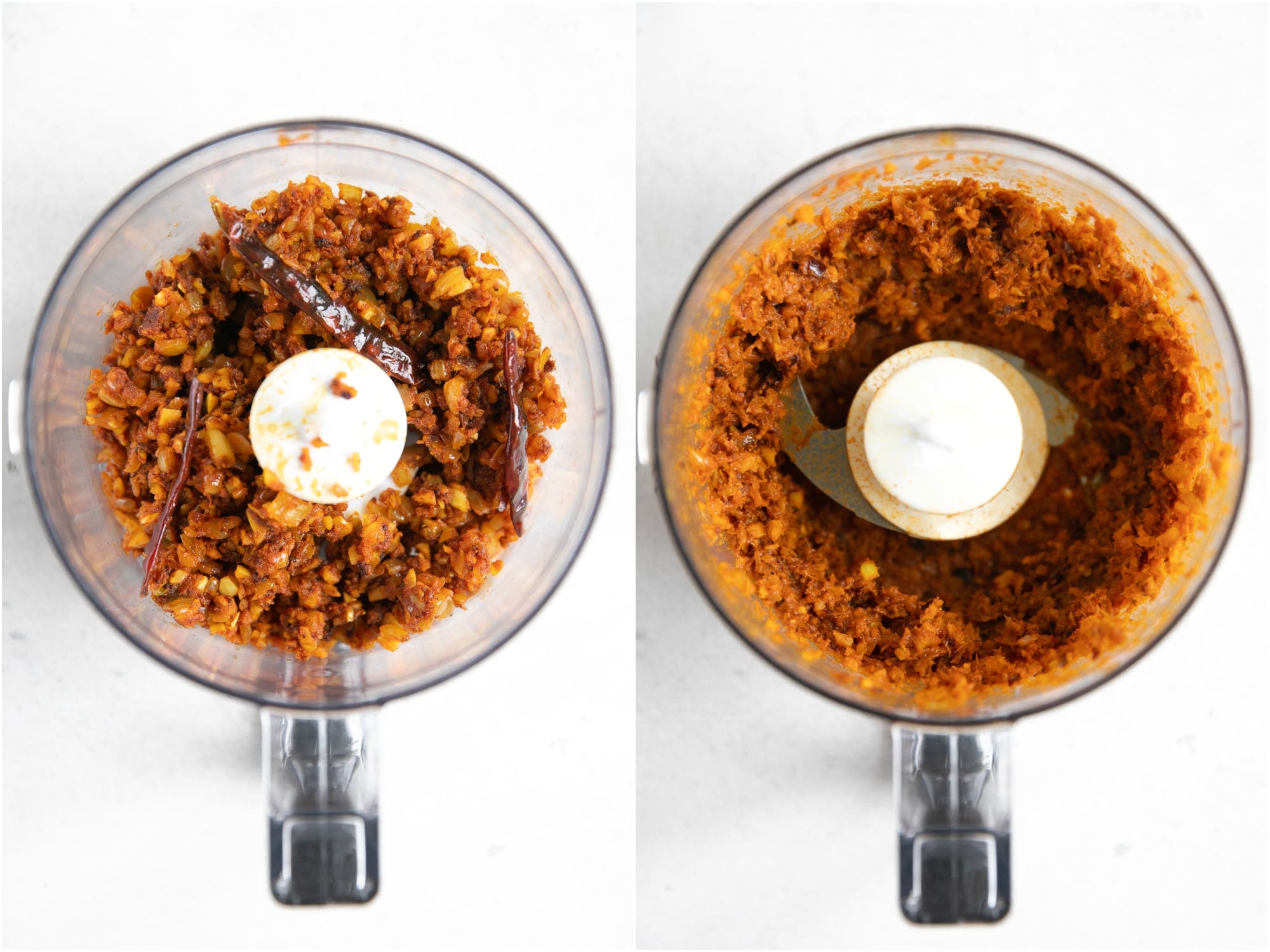 Sauteed aromatics for red curry processed into a paste in a small food processor