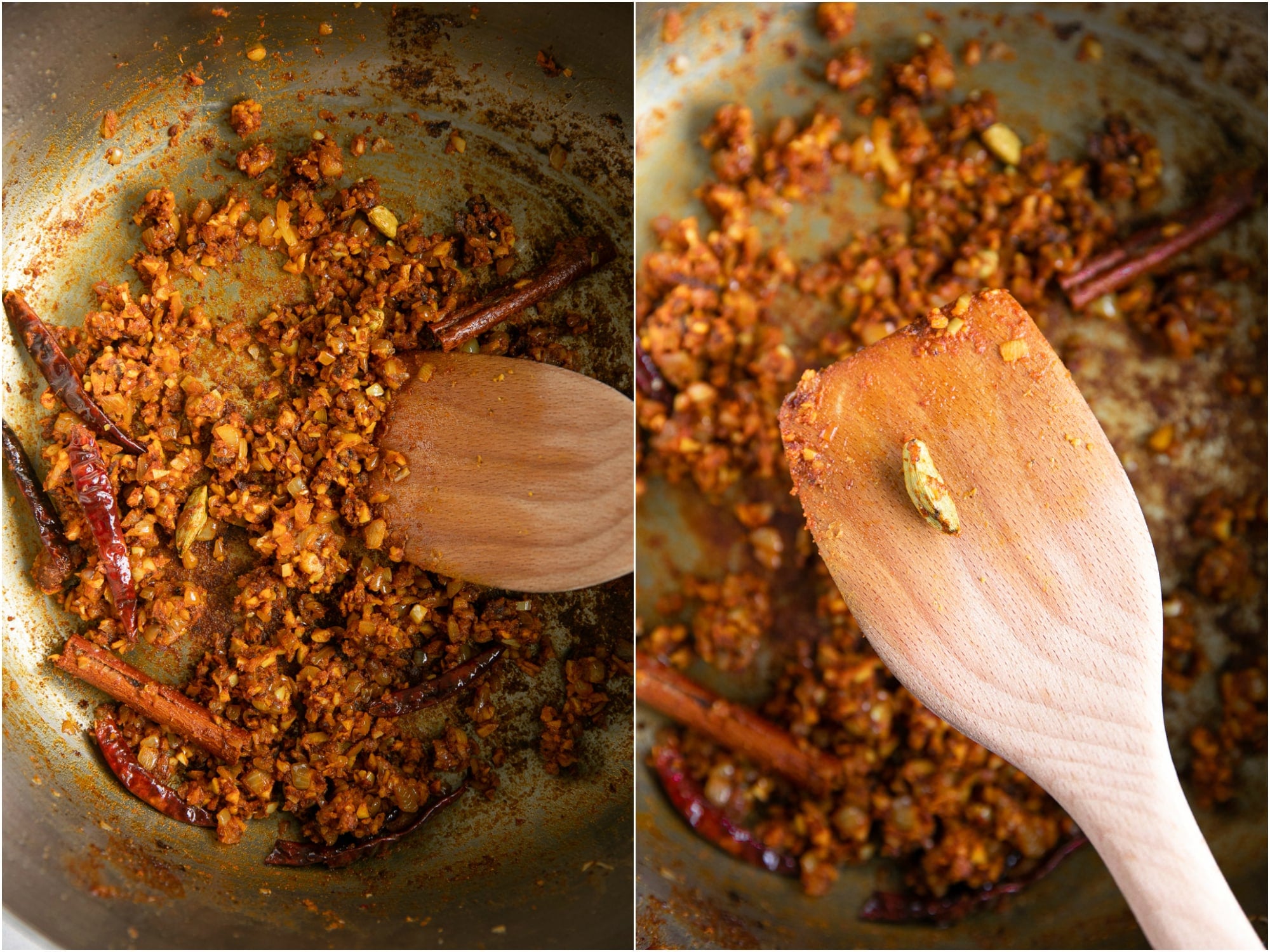Cooking the garlic, ginger, onions, spices, red chilis, and tomato paste cooking in a large heavy-bottomed pan.