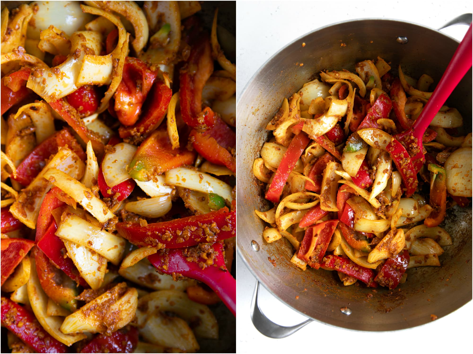 Cooking the onion and bell pepper with the red curry paste.