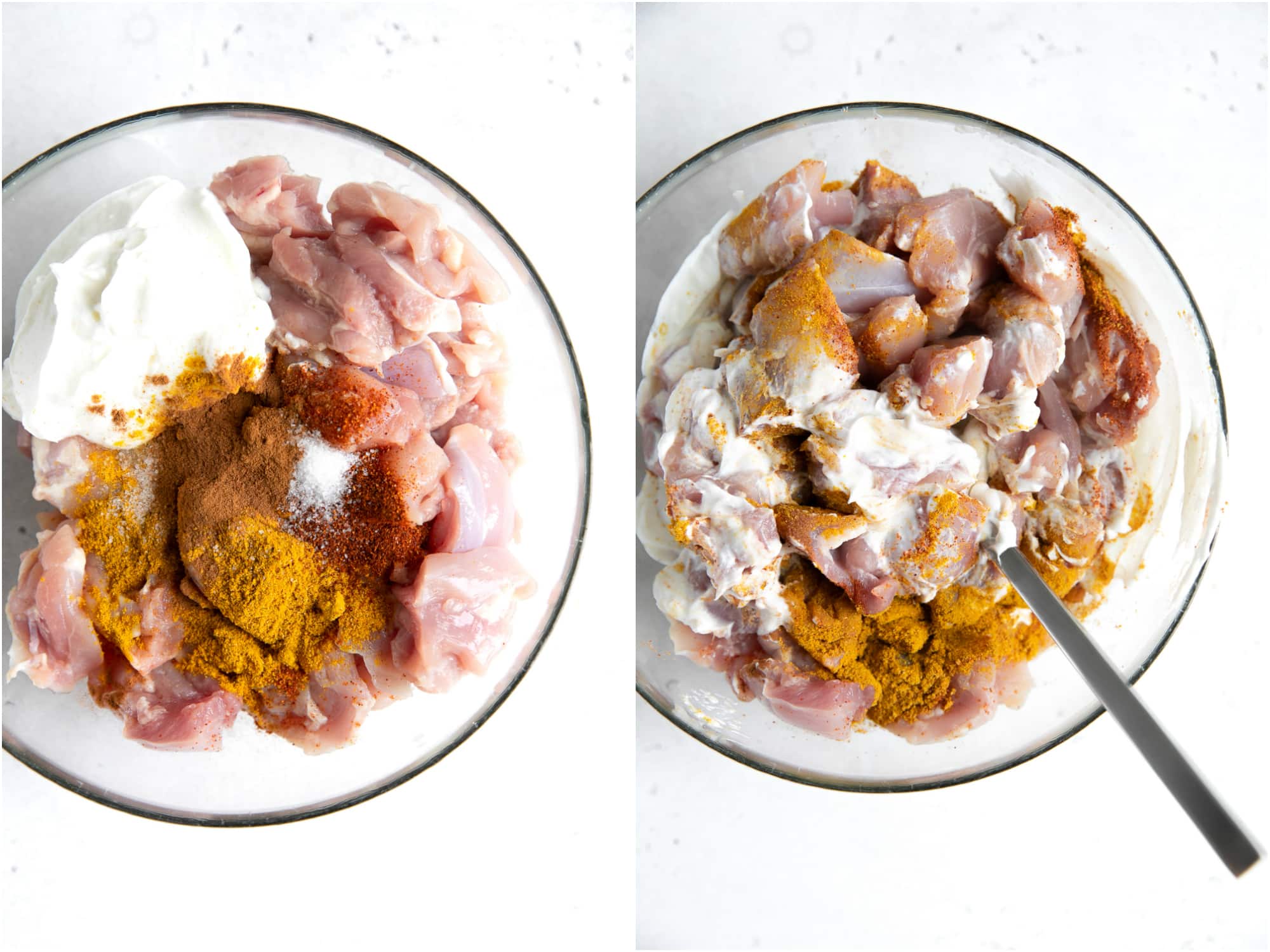 Mixing chicken thighs with yogurt and curry seasoning.