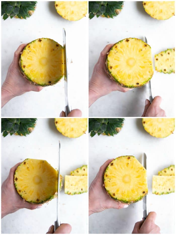 Step-by-step image of pineapple being cut up.
