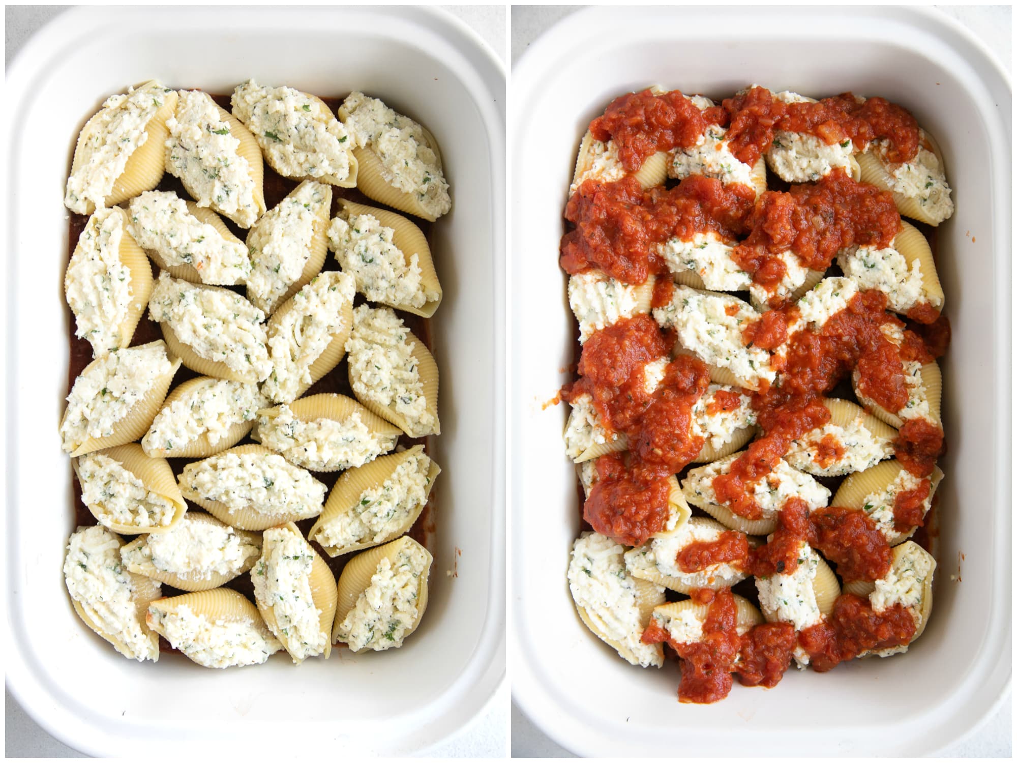 White baking dish filled with shells stuffed with ricotta cheese and topped with homemade marinara sauce