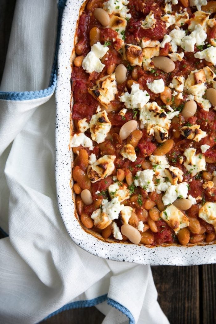 Vegetarian casserole made with canned tomatoes, beans, and tangy feta cheese.