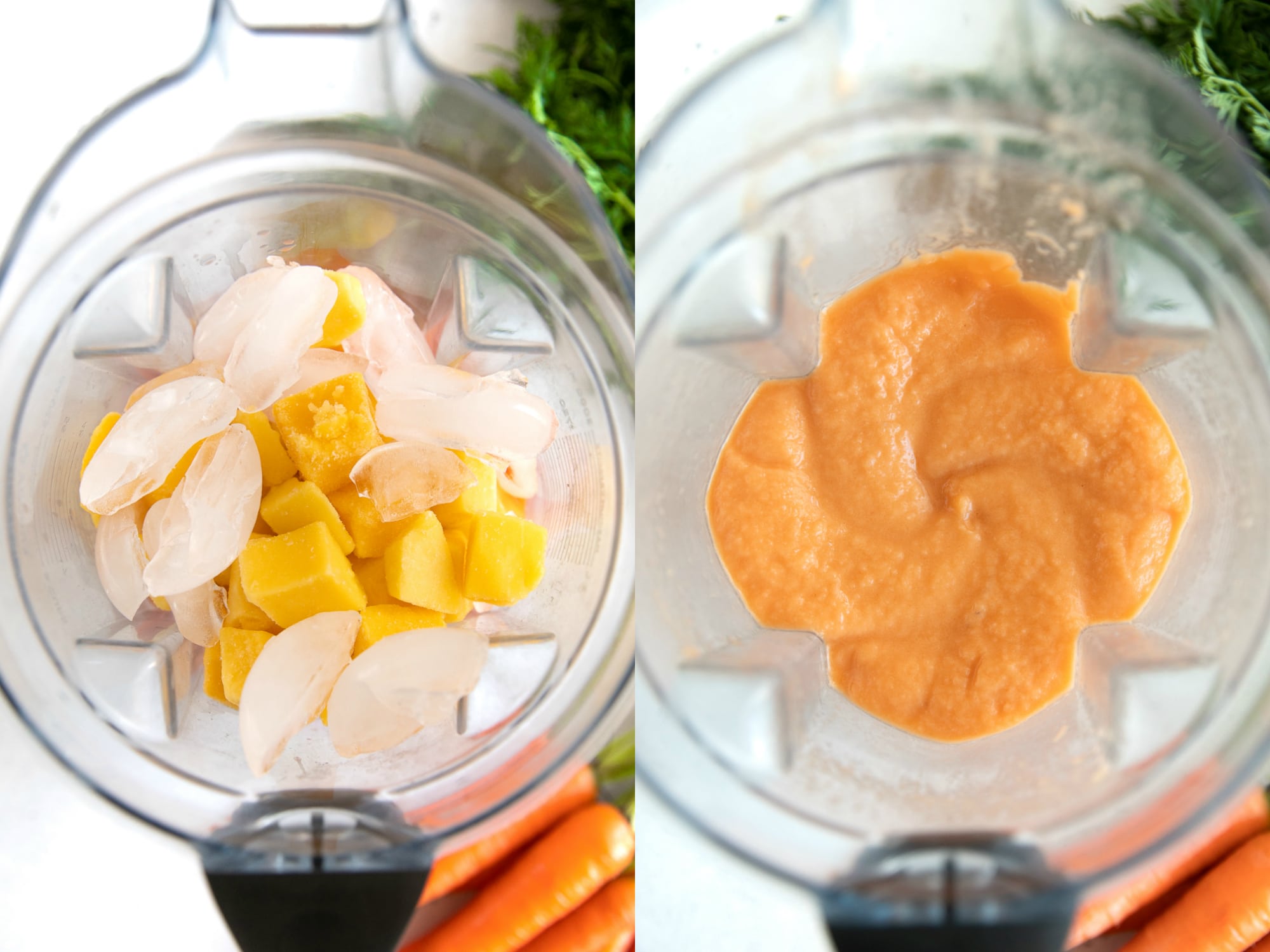 Blending a tropical carrot smoothie in a blender.