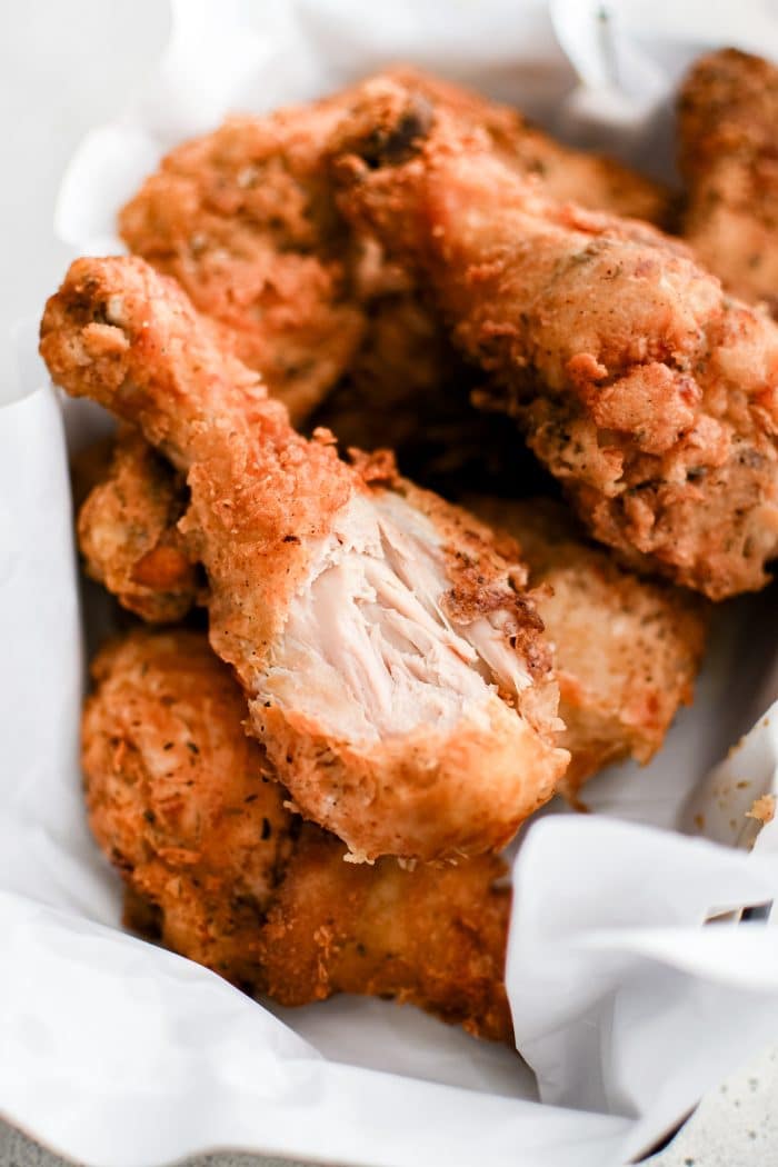 Perfectly crispy and golden pieces of buttermilk fried chicken.