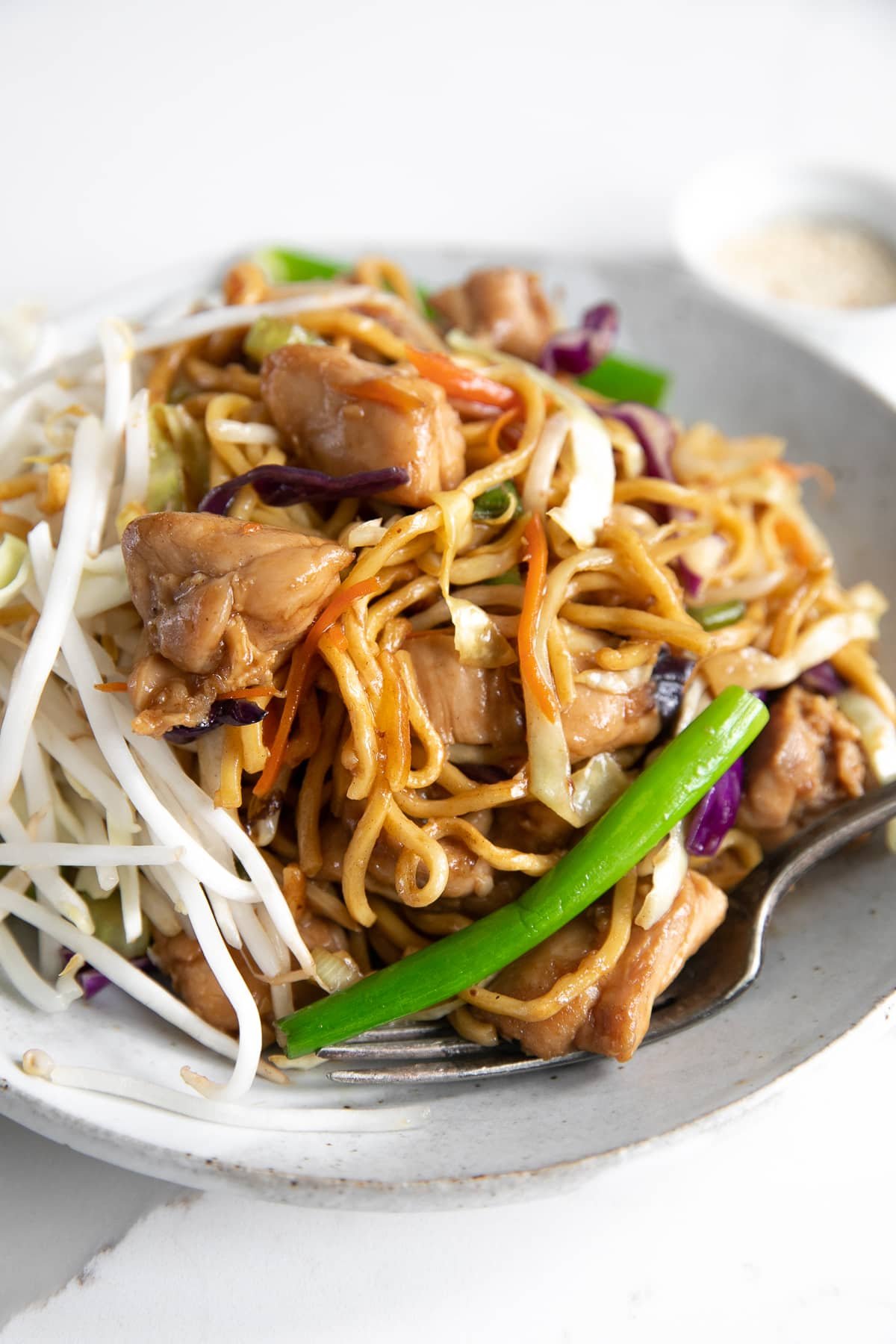 Large white plate filled with chicken and vegetable chow mein.