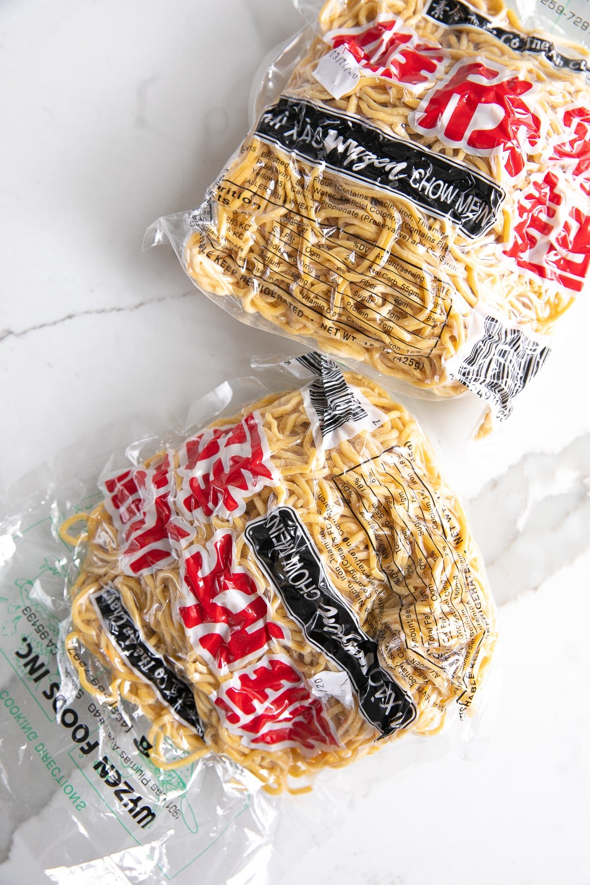 Packaged chow mein noodles.