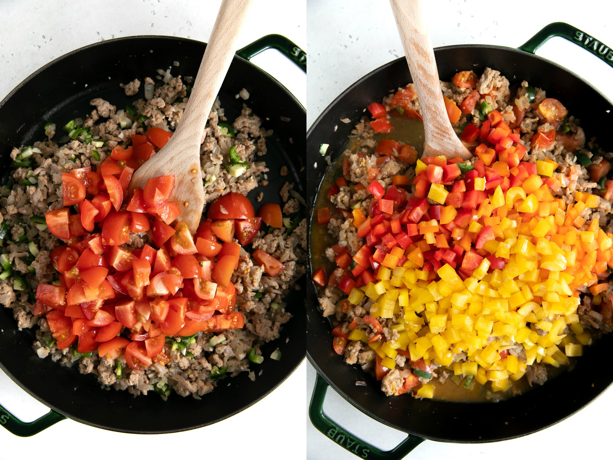 Two images showing tomatoes and fresh diced bell pepper added to cooked ground turkey in a large skillet.