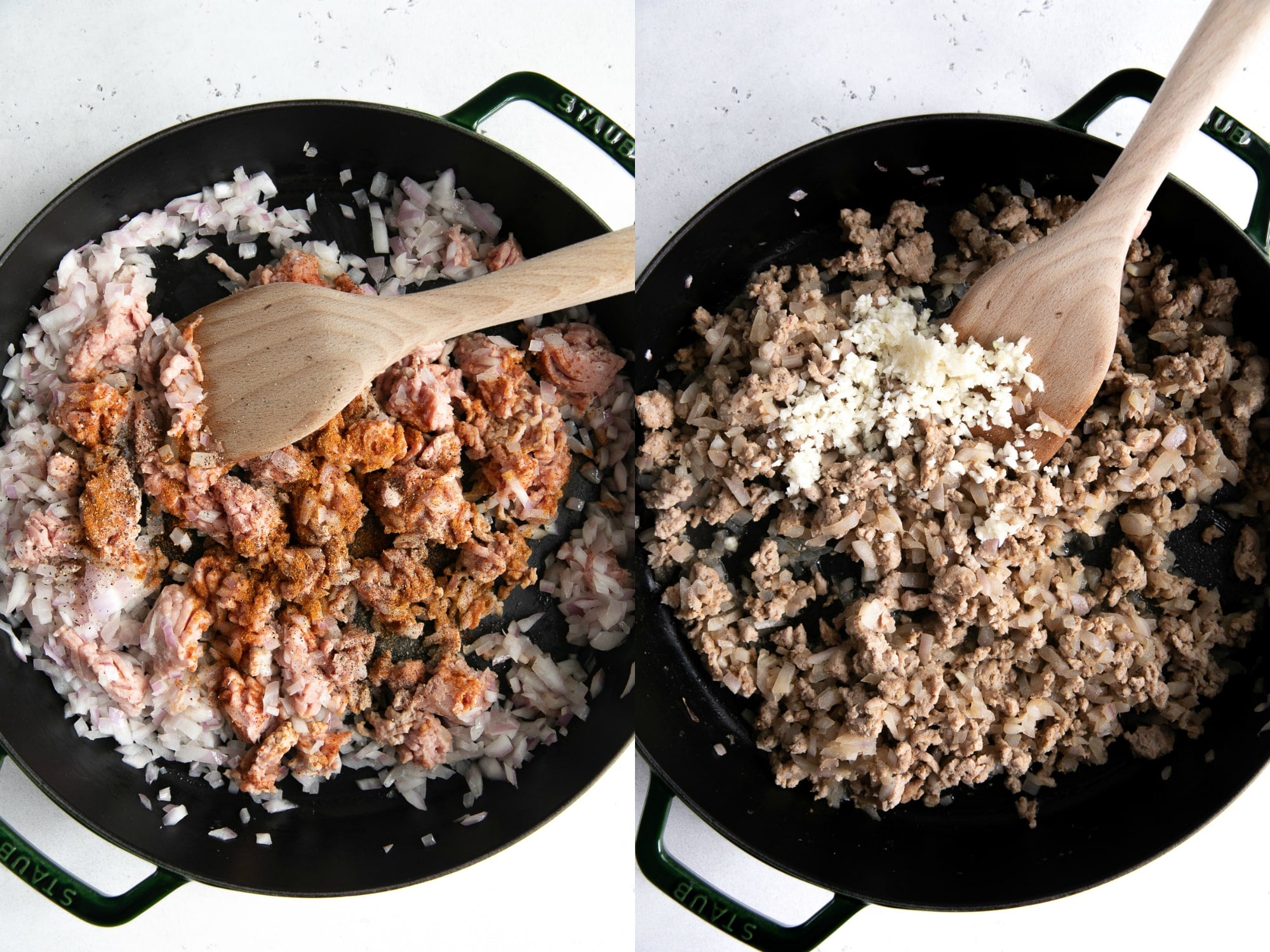 Two images showing onions, ground turkey, and minced garlic cooking in a large skillet.