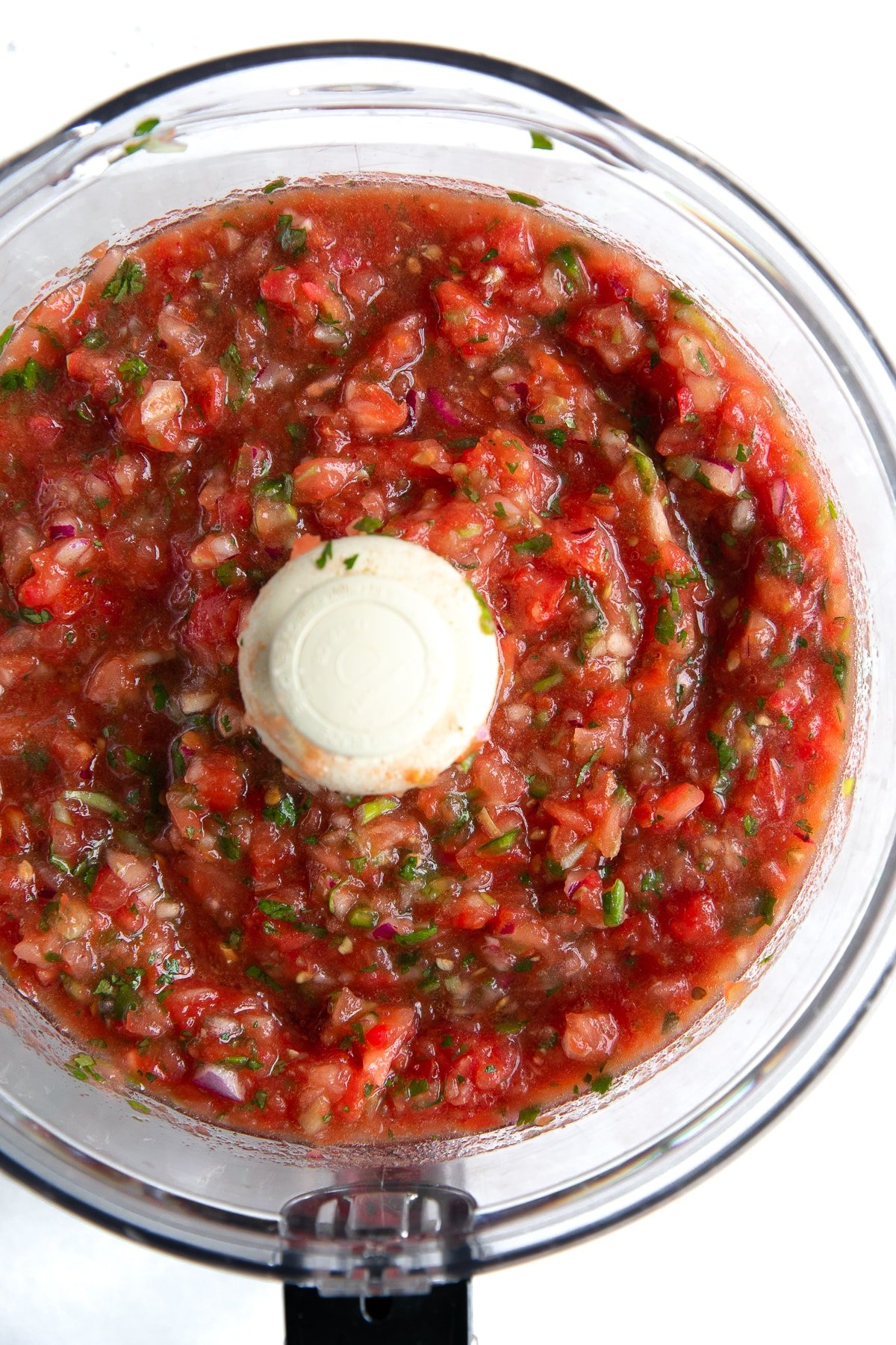 Food processor filled with blended homemade tomato salsa.