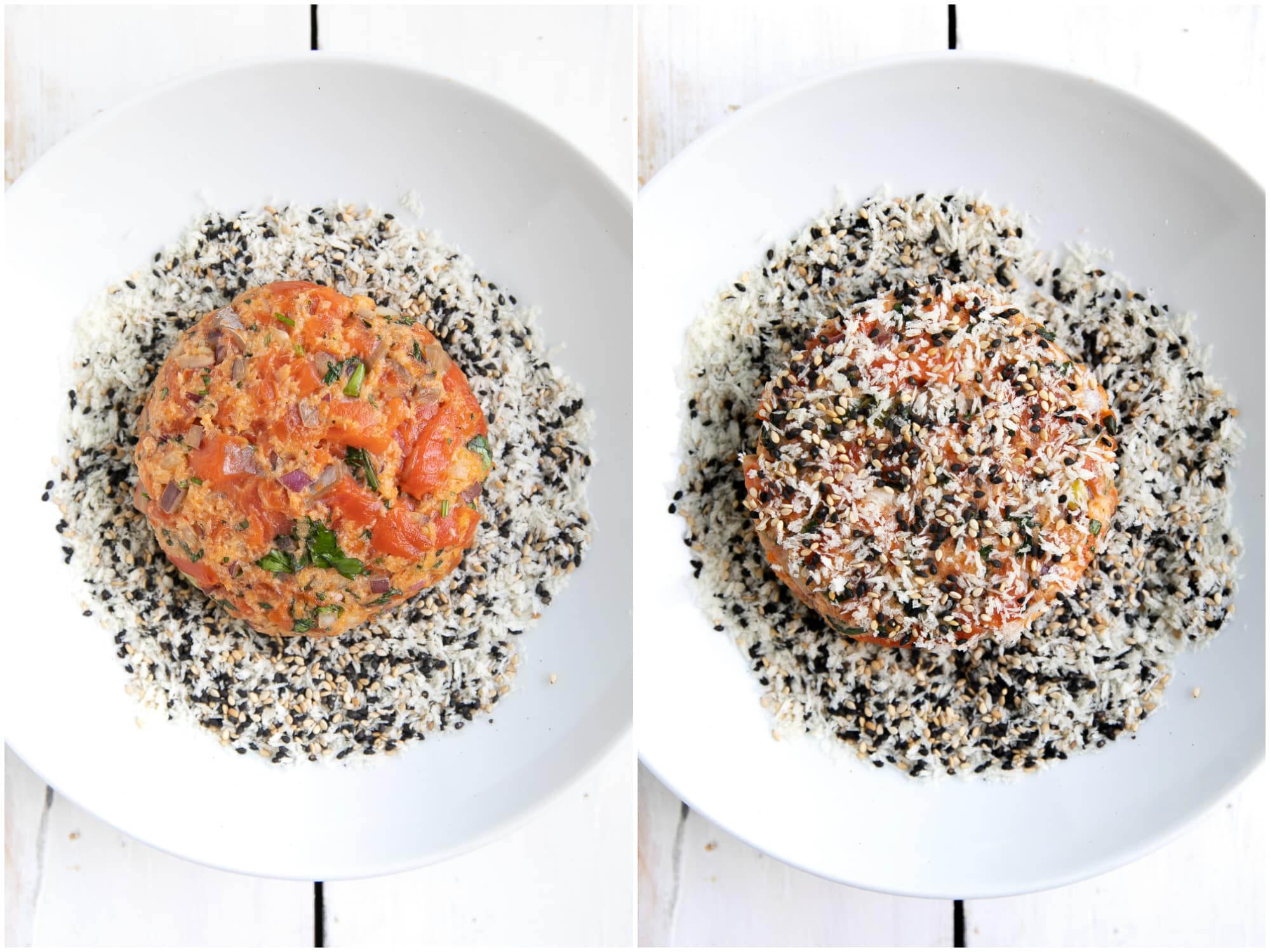 Coating raw salmon patty in a mixture of panko breadcrumbs, black sesame seeds, and white sesame seeds.