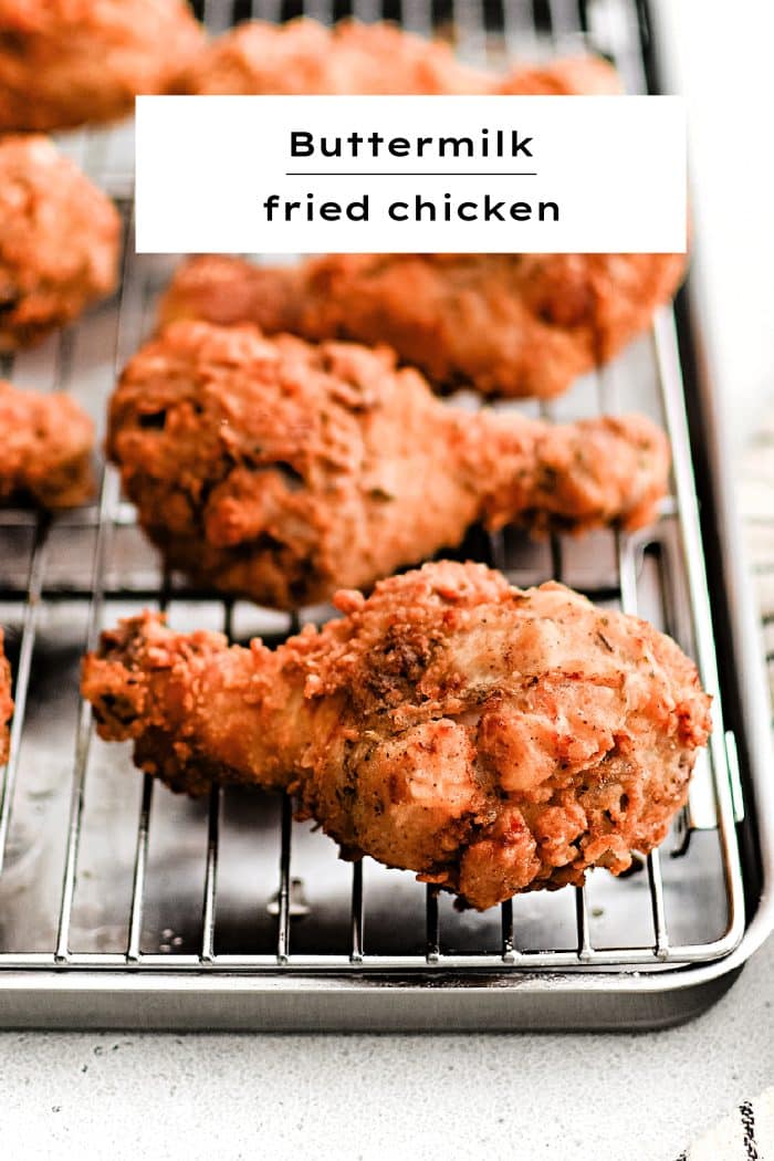 Pinterest Pin Image for the best buttermilk fried chicken with one image and text overlay.