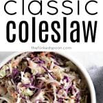 A beautifully styled image of classic creamy coleslaw served in a white bowl, showcasing the vibrant colors of the cabbage and carrots, ready to be served with a stainless steel spoon.
