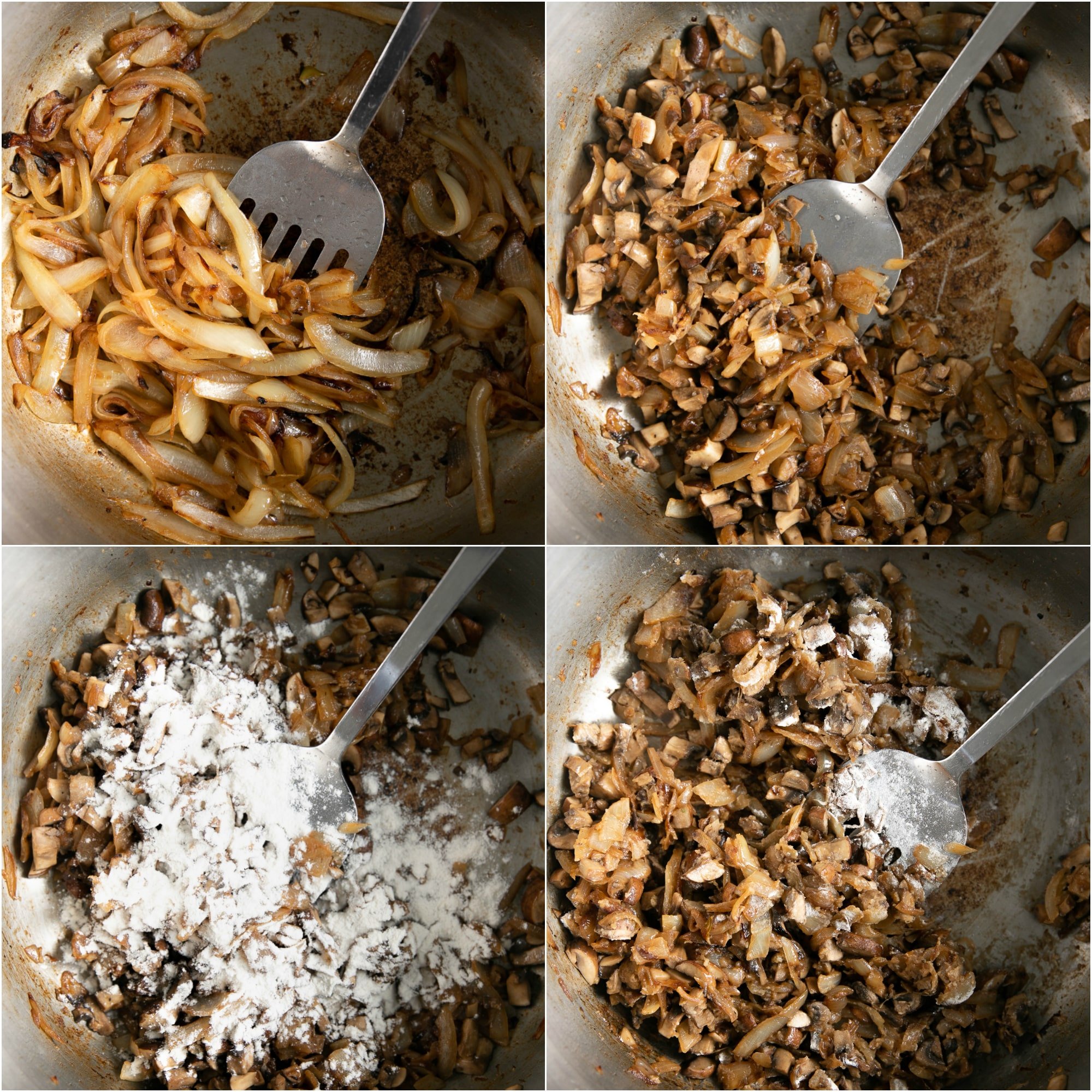 Collage of four images showing onions caramelizing, and homemade cream of mushroom soup being prepared.