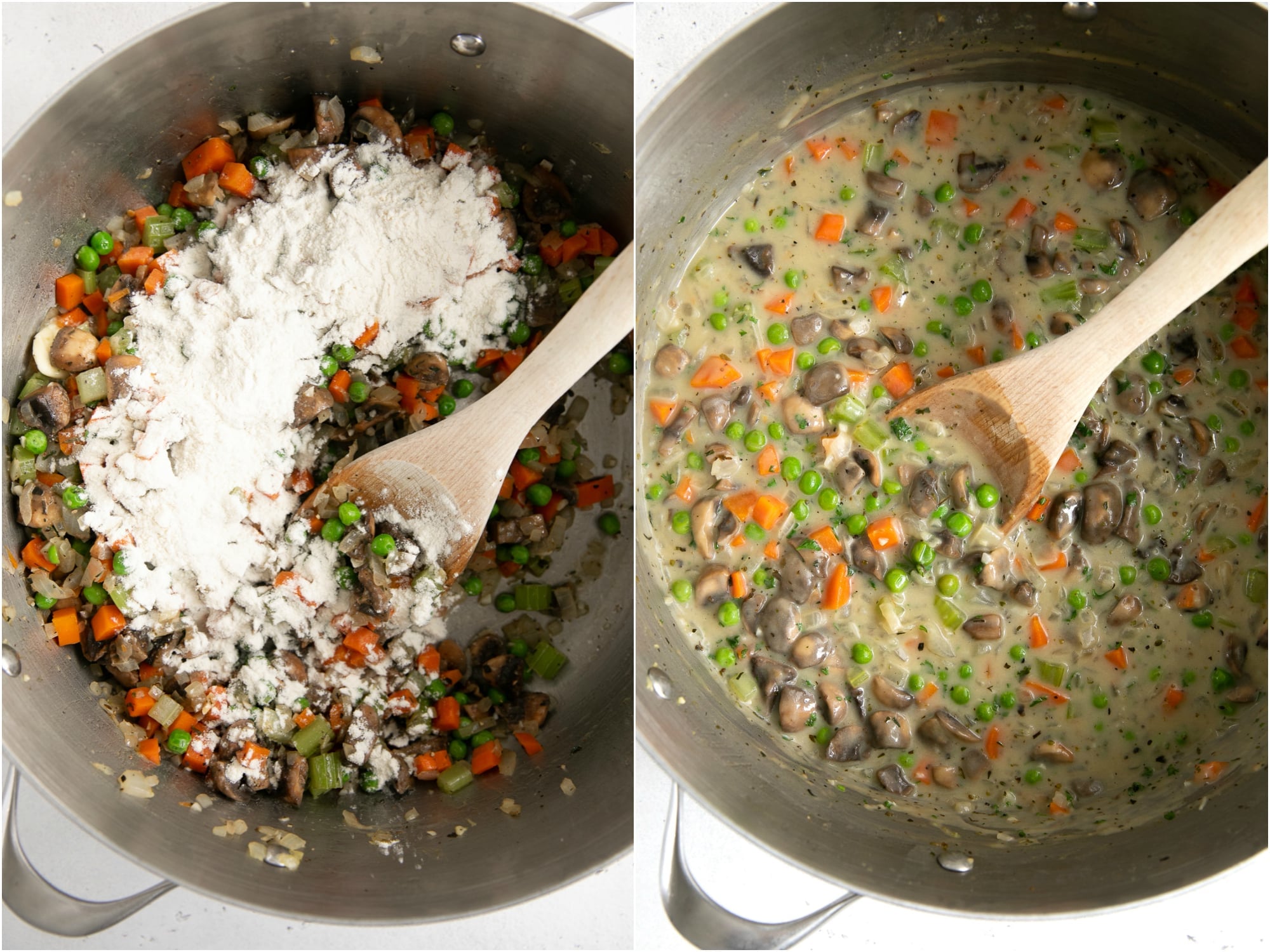 Aromatics coated with flour and mixed with milk to make the sauce for the tuna noodle casserole.