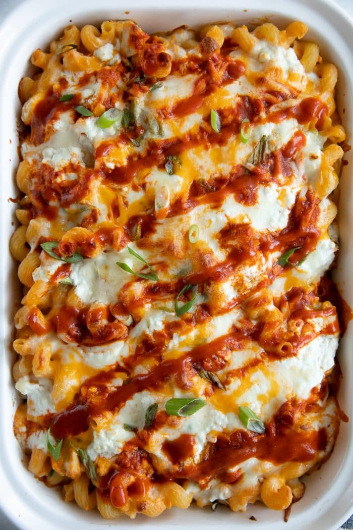 Overhead view of baked buffalo chicken pasta.