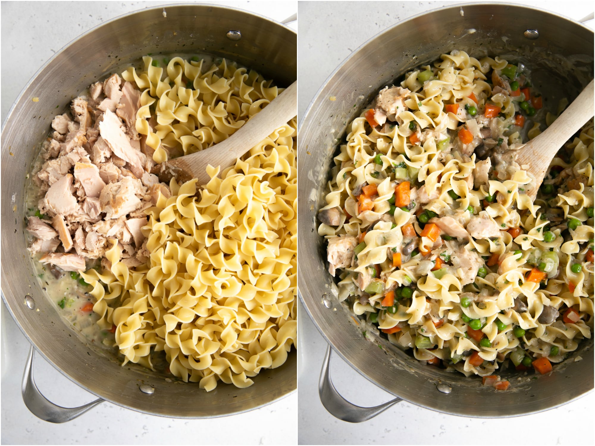 Combining the noodles and tuna with the homemade sauce.