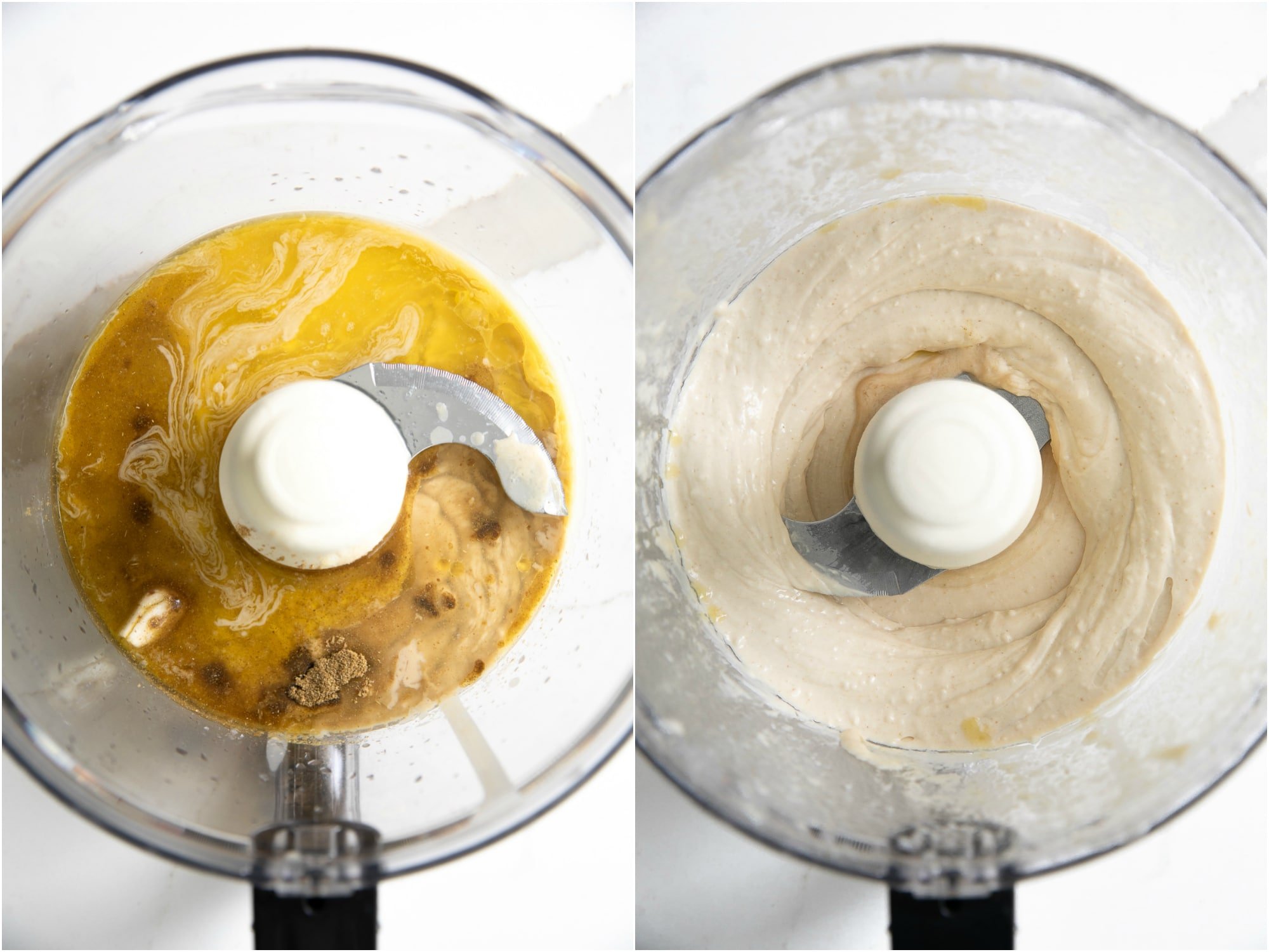 Process of making classic hummus in a large food processor.