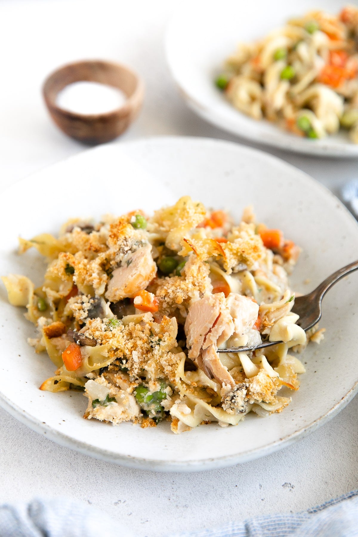Plate filled with a large serving of tuna noodle casserole.