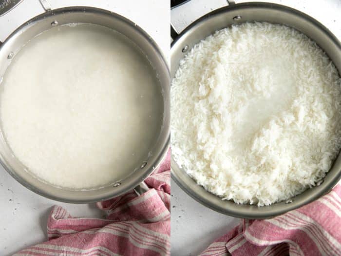 White rice before and after it's been cooked.