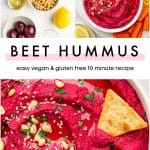 Beet hummus ingredients and finished beet hummus served with vegetables and pita chips