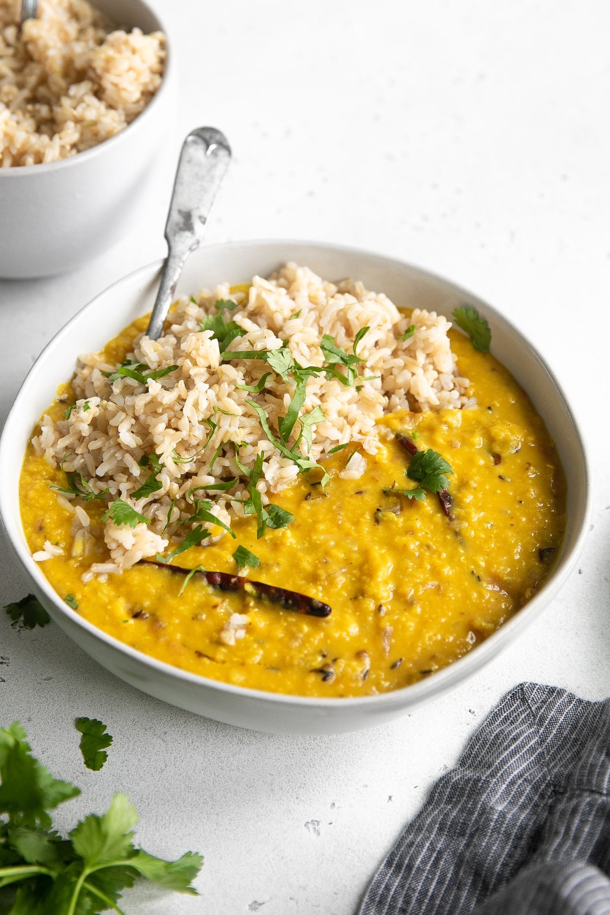 Large shallow bowl filled with Indian red dal served with brown rice and cilantro.