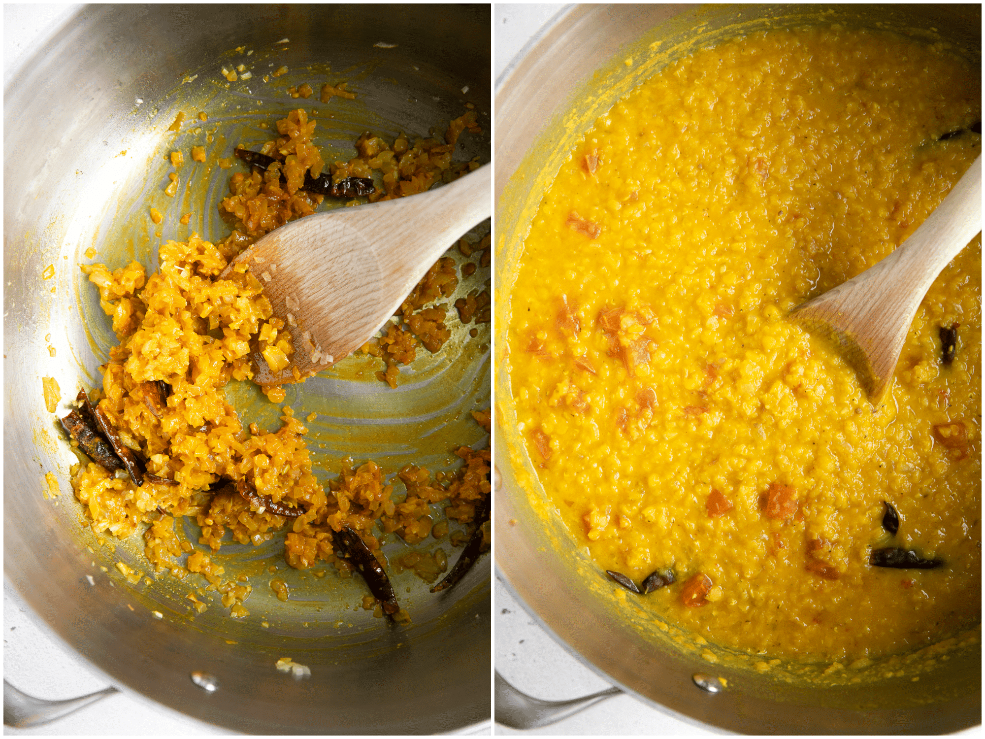 Cooking the aromatics, spices and lentils to make dal recipe.