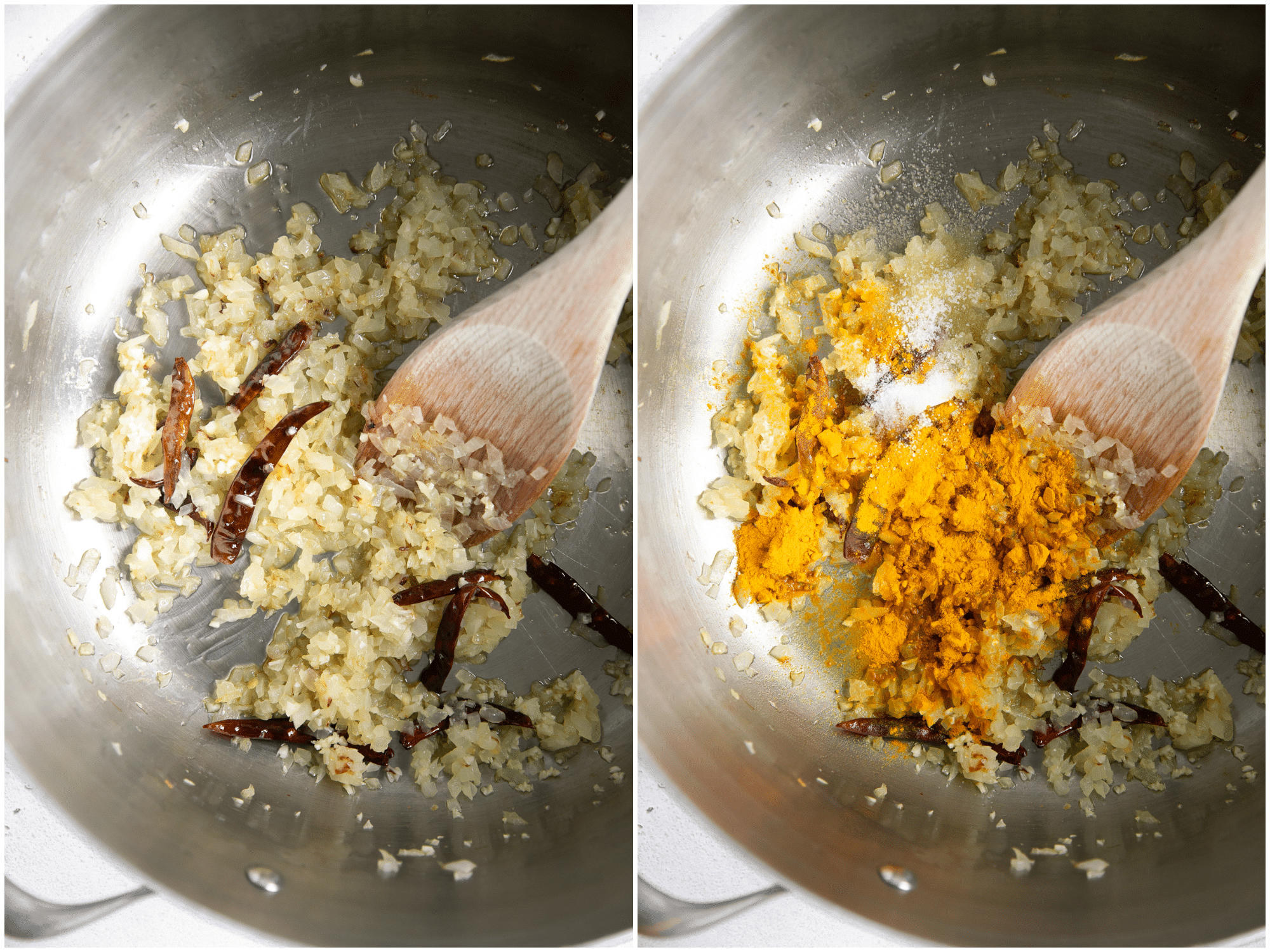 Frying the aromatics for masoor dal.