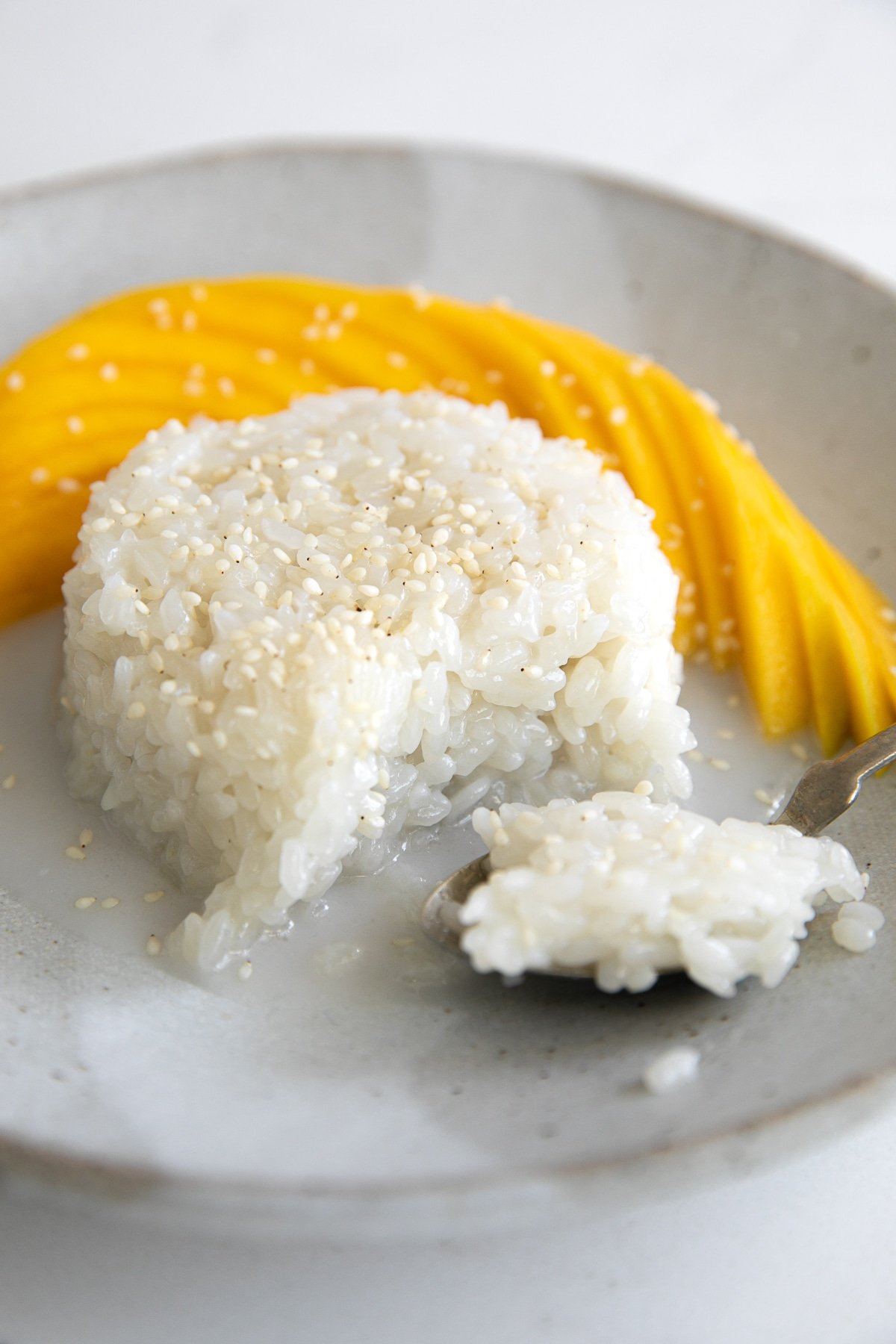 Small serving of mango sticky rice topped with coconut cream and sesame seeds and served with sliced mango.