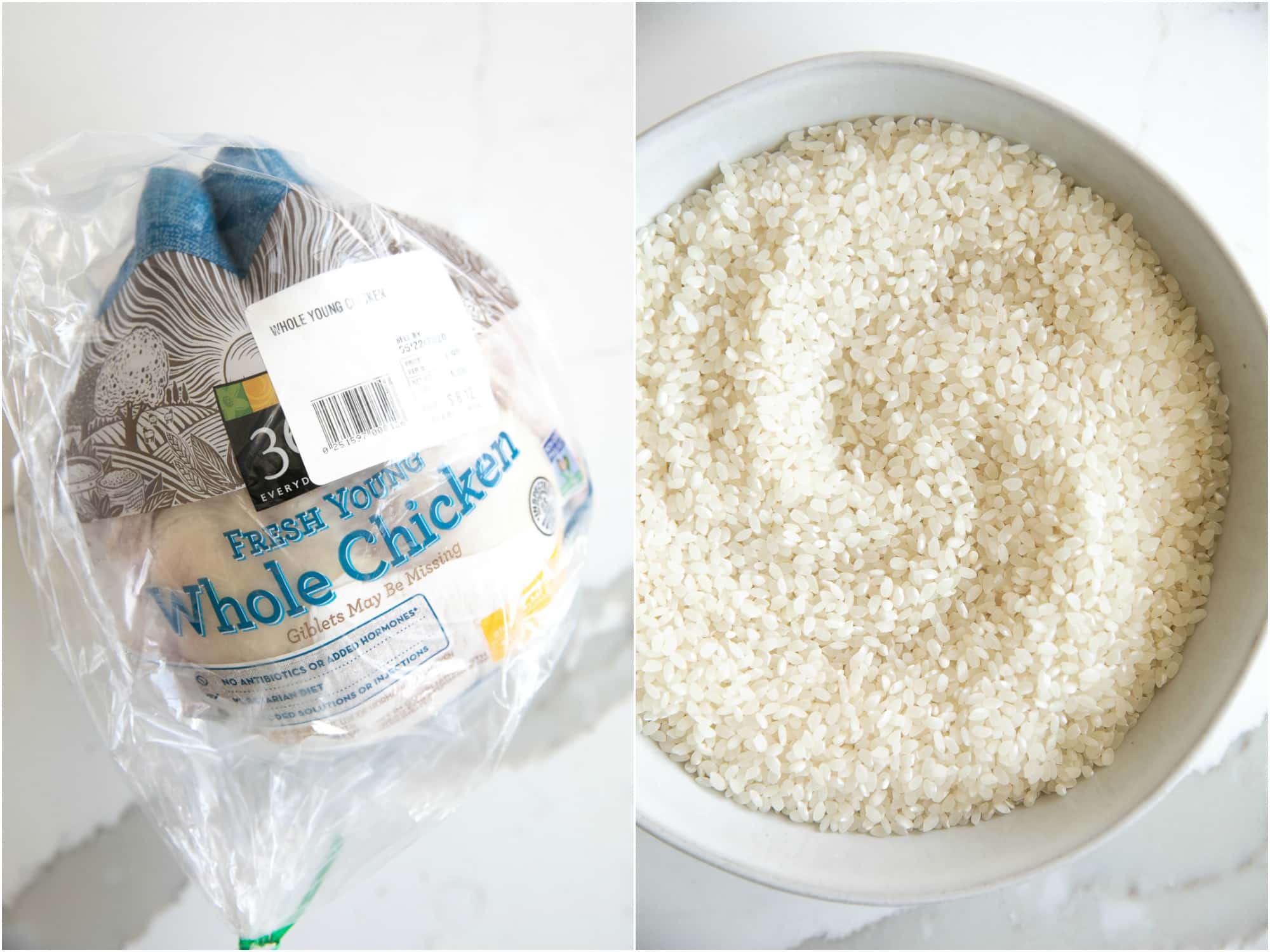 Image of a whole chicken used to make the broth for arroz caldo on the left and on the right is a bowl filled with uncooked grains of glutinous rice.