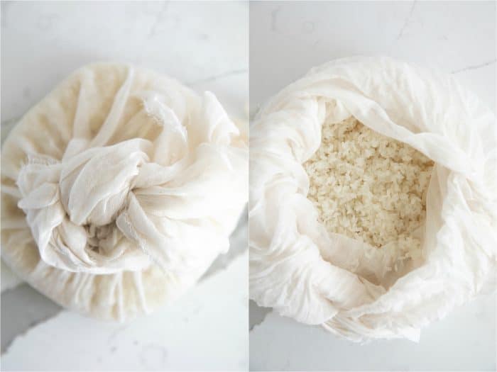 Steamed sweet rice wrapped and unwrapped in a cheesecloth.