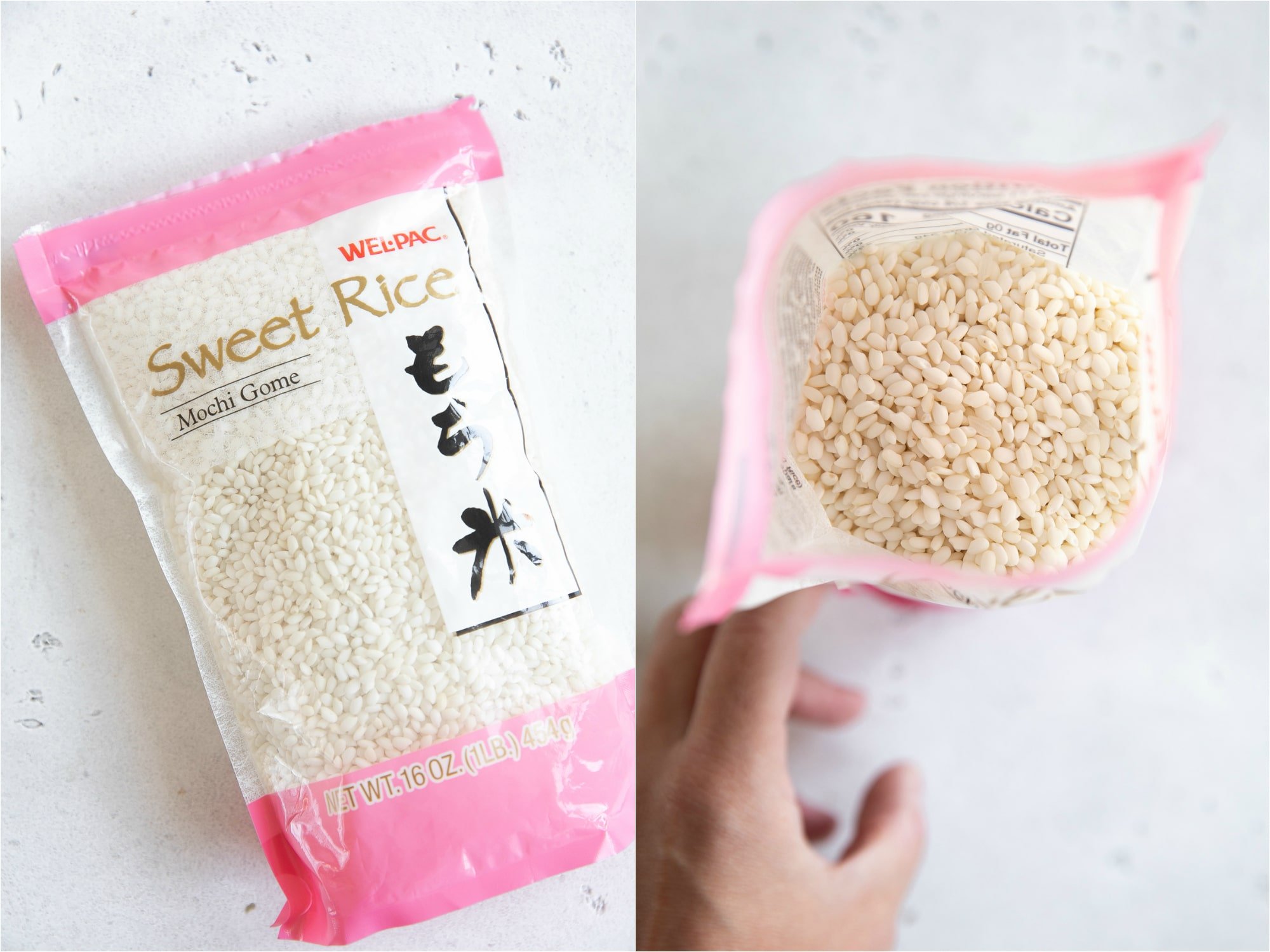 Bag filled with uncooked glutinous rice. 