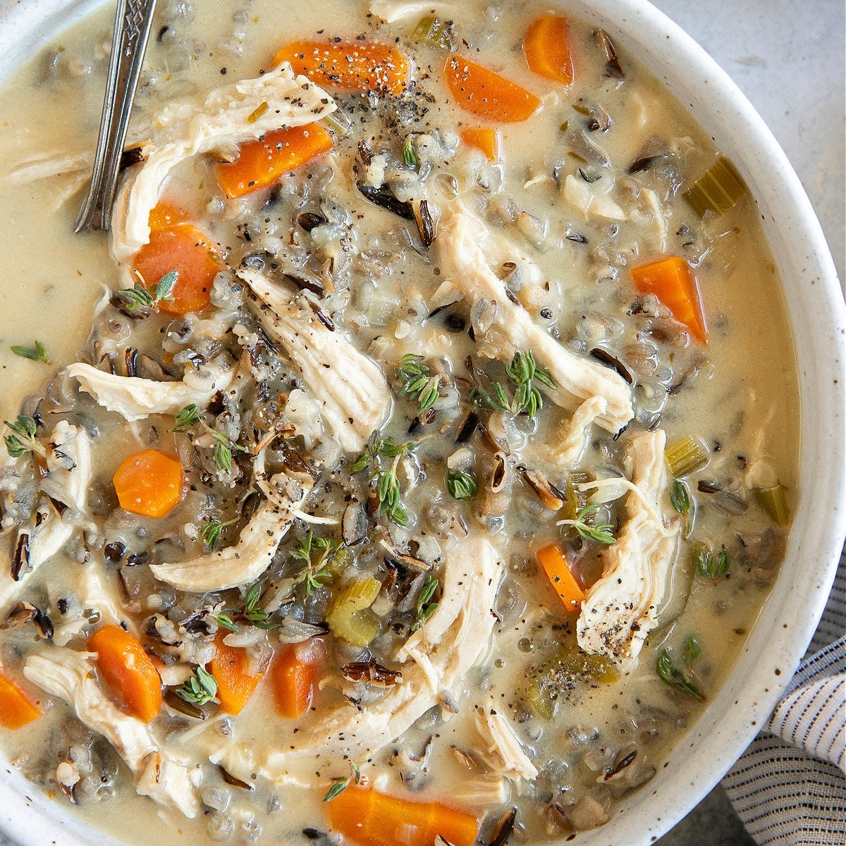 Shallow white serving bowls filled with chicken and with wild rice soup made with carrots, onion, celery, chicken, and cream.
