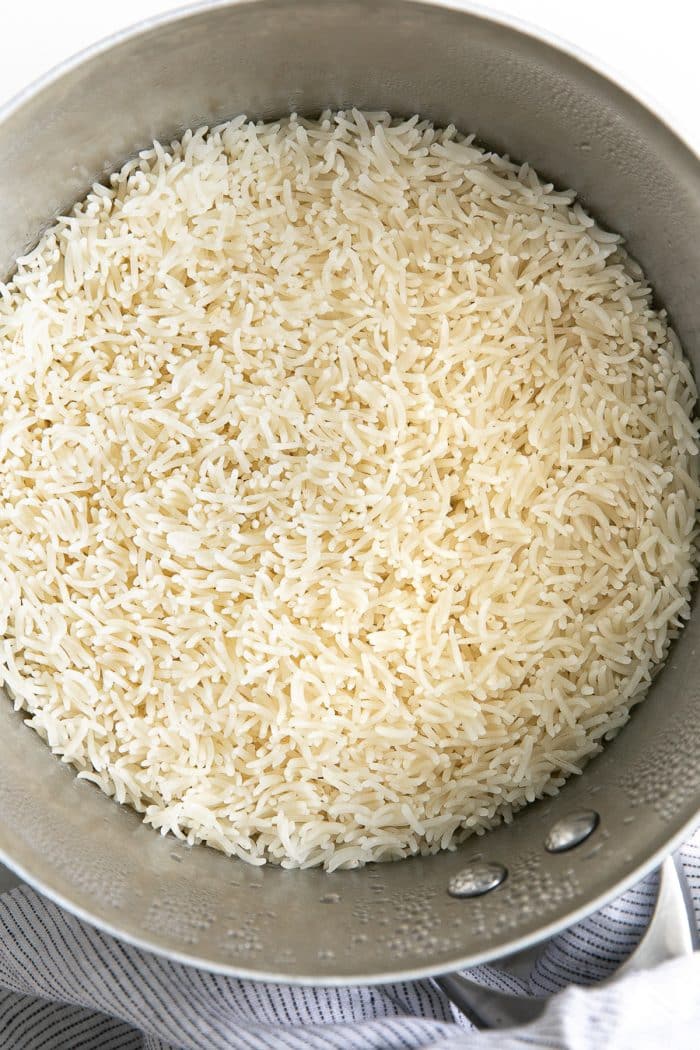 Perfectly cooked basmati rice just before being fluffed with a fork.