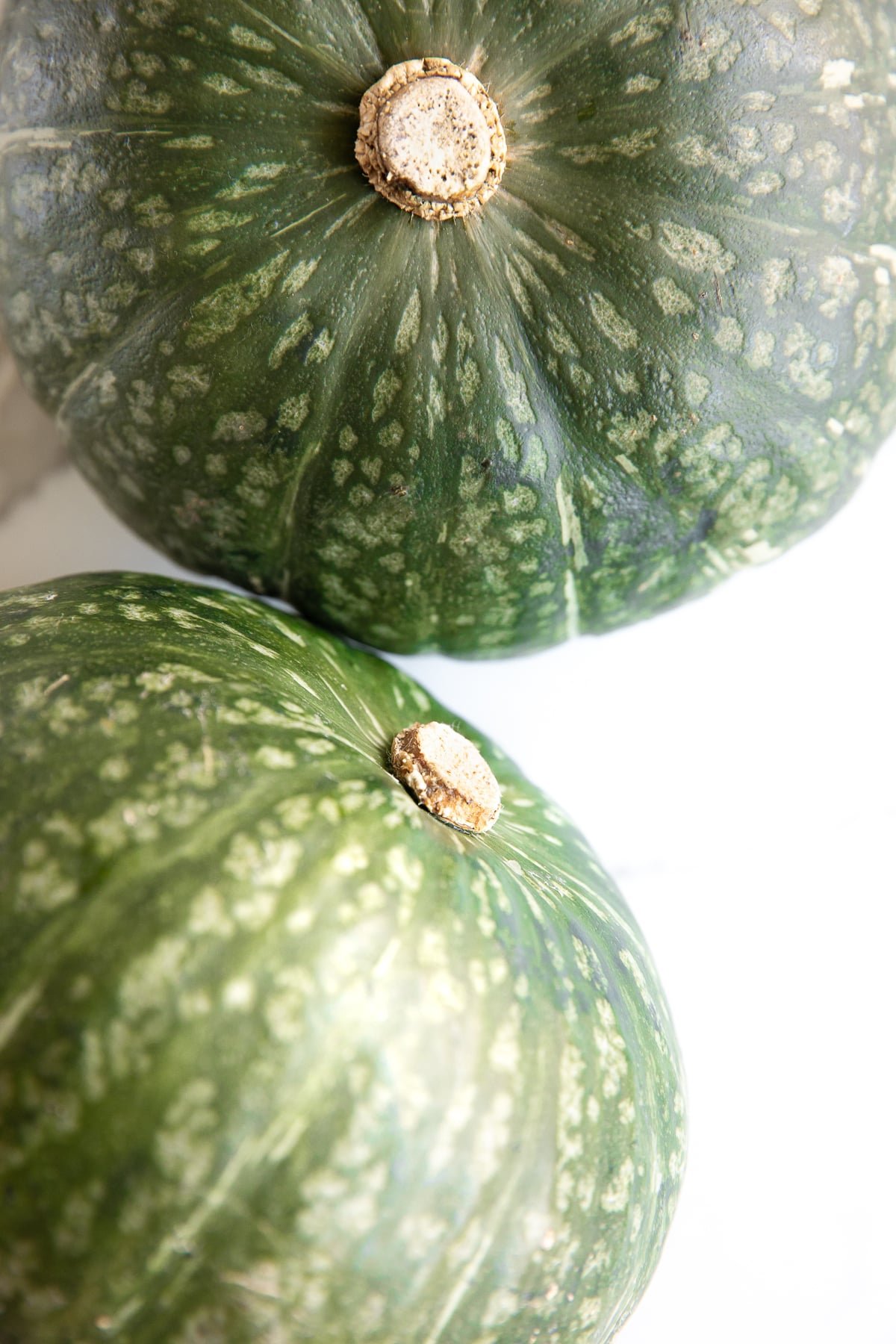 Two whole, raw, kabocha squash