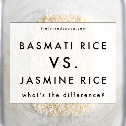 Container filled with jasmine rice with text overlay: Basmati Rice vs. Jasmine Rice: What's the Difference?