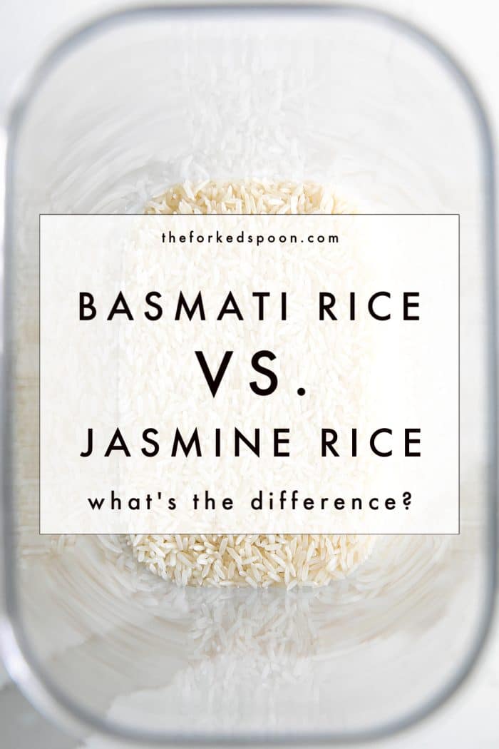 Container filled with jasmine rice with text overlay: Basmati Rice vs. Jasmine Rice: What's the Difference?