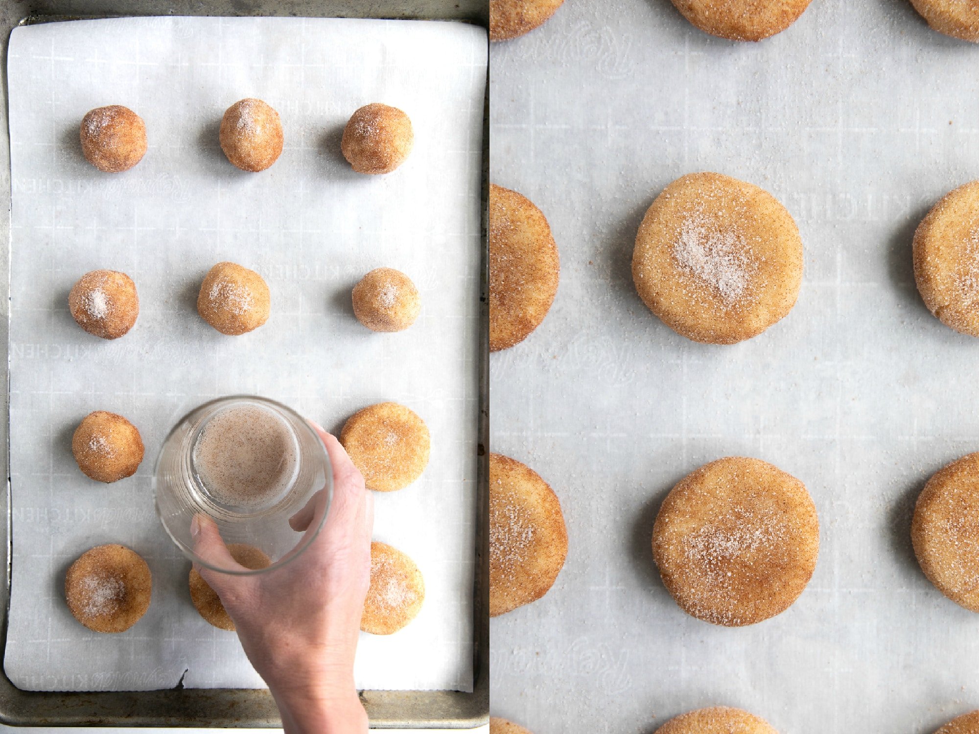 Preparing snickerdoodle cookies for baking