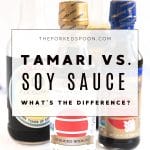 Bottles of soy sauce and tamari set on a table.