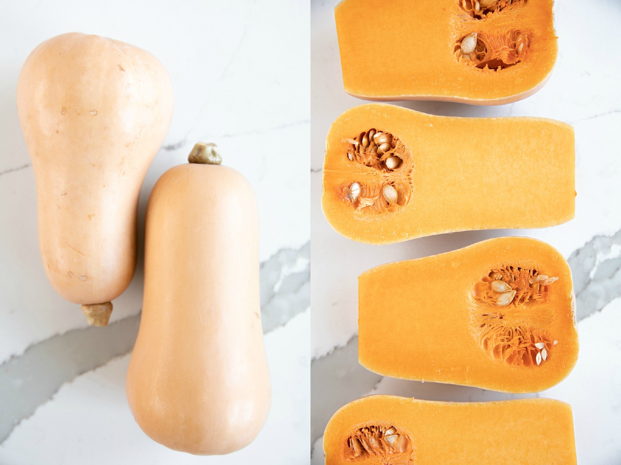 Two whole butternut squash, halved with seeds scooped out, placed in an Instant Pot.