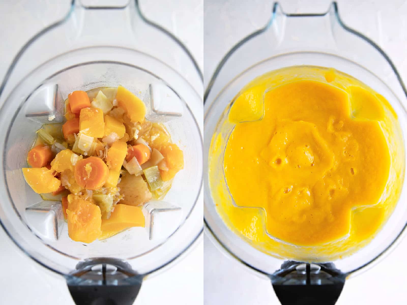 Collage of two image side-by-side, the first image with softened vegetables and butternut squash in a blender and the second with pureed butternut squash soup in the same bowl of a large blender.