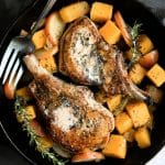 Pinterest Pin image for pork chops with apples recipe with one image and text overlay.