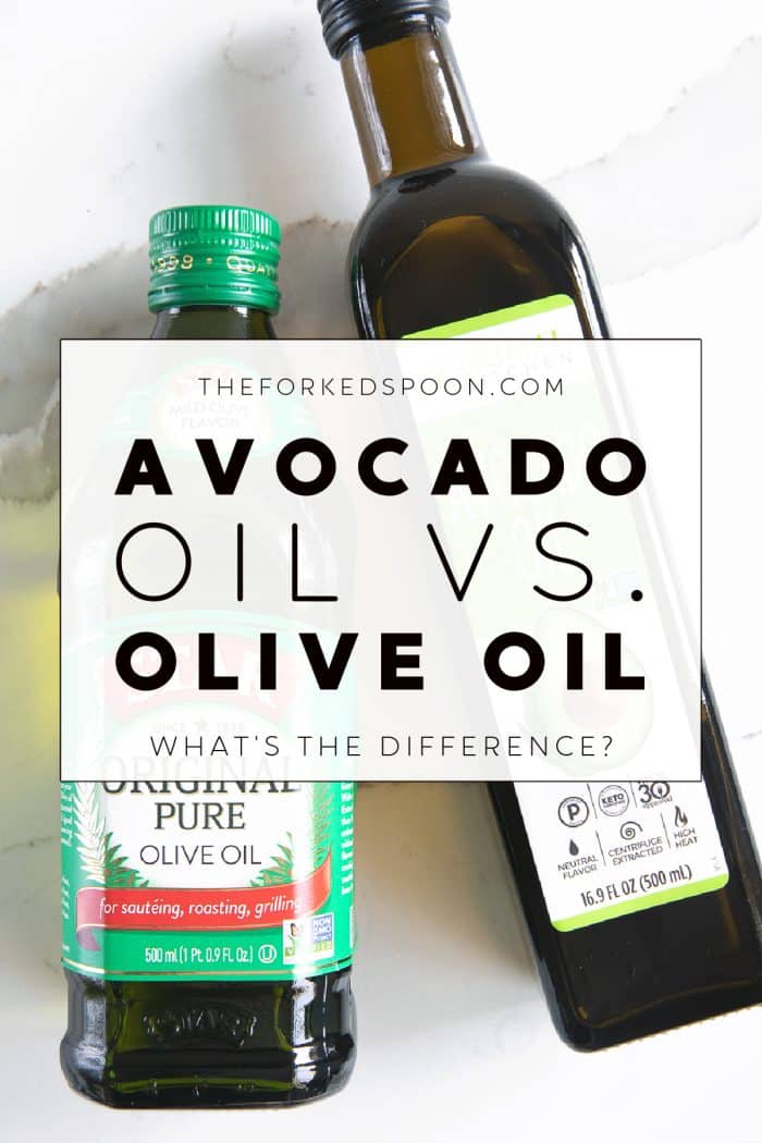 One bottle of olive oil and one bottle of avocado oil with text overlay