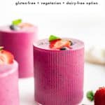 Vertical Pinterest pin featuring a bold text overlay reading โBERRY + BEET SMOOTHIEโ with dietary labels underneath.